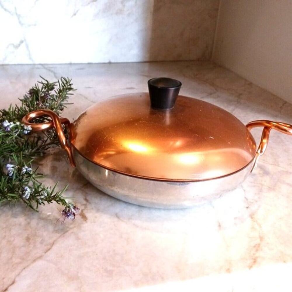Beautiful WearEver Serving Pot 8" Copper Twist Handles Fancy cook & serve Vintag